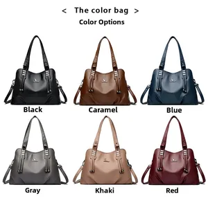 Matrix showing six colors of lychee grain leather tote bags with metal kangaroo logo
