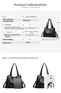 Detailed size chart and internal structure comparison of black tote bag with long straps