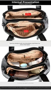 Internal view of black tote bag showing organized compartments for wallet and cosmetics