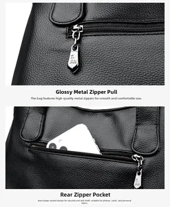 Detail of smooth metal zipper and back anti-theft pocket on black pebbled leather tote