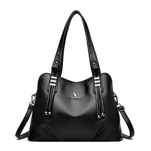 Classic black pebbled leather tote bag with silver kangaroo logo and tassel hardware