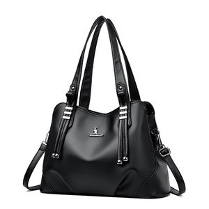 Classic black litchi pattern leather tote bag with metal kangaroo logo and crossbody strap