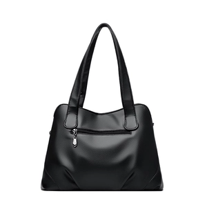Classic black leather tote bag for women with fine litchi texture and silver zipper detail
