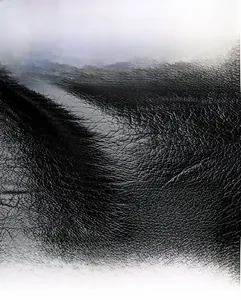 Macro detail of black leather texture with silver kangaroo logo and refined stitching