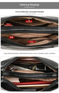 Internal structure of black litchi pattern crossbody bag with multiple zip compartments