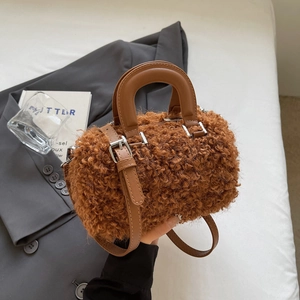 Sac À Main En Peluche Fausse Fourrure Pour Femmes Mini Sac Boston Cylindre Avec Poignée En Similicuir Bandoulière Réglable Amovible Mode Automne Hiver