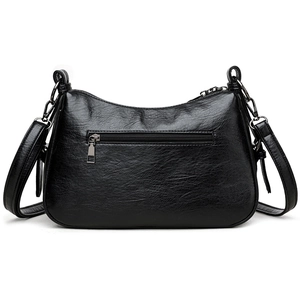 Classic black soft leather tote bag with back zipper and adjustable shoulder strap