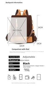 Größentabelle für Nylon-Rucksack mit großer Kapazität und A4-Kompatibilitätsdetails