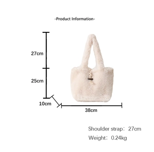 Detail view of cream plush tote bag showing dimensions 38x25x10cm and soft faux fur texture