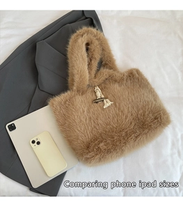 Top view of plush faux fur tote bag with toggle button and size comparison objects
