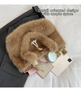 Close-up of brown faux fur tote bag showing large capacity and soft plush texture