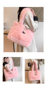 Close-up of pink faux fur tote bag featuring a decorative horn button and soft texture