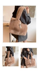 Detailed macro view of the fluffy brown plush tote bag with white woven tassel and toggle charm