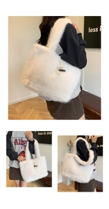 Detail of white faux fur tote bag showing plush texture and wooden horn toggle closure
