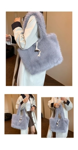 Detail of lavender plush tote bag featuring a decorative toggle closure and braided rope