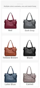 Detailed grid view showing six colors of textured leather tote bags with quilted stitching