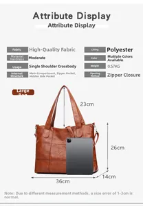 Brown litchi leather tote bag dimensions 36x26x14cm with handle height 23cm overview