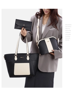 Set da tre pezzi con borsa tote bicolore, tracolla e portafoglio in pelle PU martellata