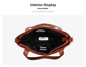 Top view of brown tote bag interior with zipper pocket and spacious main compartment