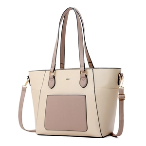 Borsa tote bicolore minimalista in pelle Saffiano panna e talpa con dettagli dorati