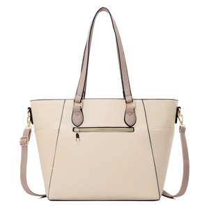 Grande borsa tote beige con tracolla regolabile e dettagli in metallo dorato lucido