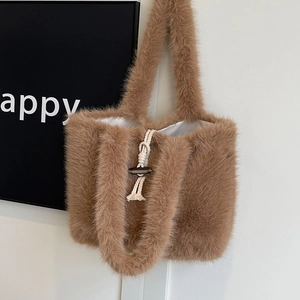 Brown faux fur tote bag with toggle closure and white drawstring for women's winter style