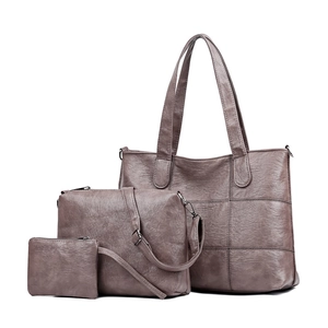 Three-piece taupe quilted tote bag set with matching shoulder bag and small zipper pouch