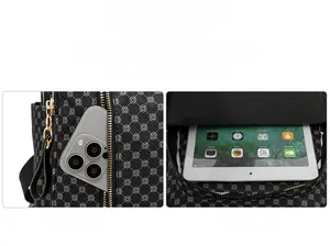 Detail of multi-compartment front zipper pockets showing storage for phone and tablet