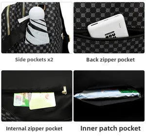 Detail view of functional pockets on black floral backpack showing storage capacity