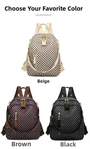 Three colors of women's vintage printed backpacks in beige, brown, and black