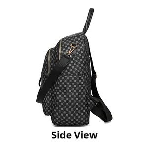 Side view of travel backpack with geometric circle pattern and gold metal hardware