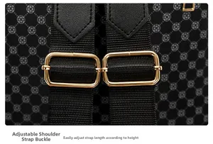 Detail of adjustable gold-tone buckles on black printed backpack shoulder straps