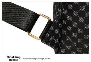Detail of durable golden hardware buckle and reinforced triangular stitching on the backpack