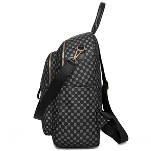 Vintage black floral backpack for women with geometric print and gold metal accents