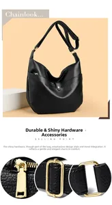 Detailed view of black litchi pattern leather bag with golden zippers and adjustable strap
