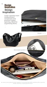 Detail view of large capacity black tote with multi-pocket interior for iPad and essentials
