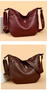 Detailed view of large litchi grain leather hobo bags in burgundy and brown colors