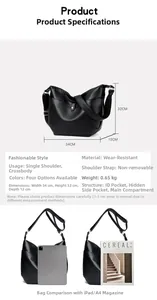 Detailed view of black pebbled leather bag dimensions and large capacity compared to A4 size