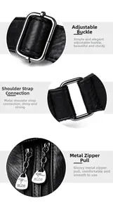 Detail of silver hardware and kangaroo logo zipper on black pebbled leather shoulder bag