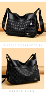 Detail of black leather crossbody bag featuring diamond weave texture and kangaroo logo