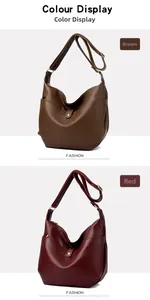Detail of brown and burgundy hobo bags with lychee grain texture and metal buckles