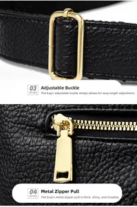 Detailed macro view of gold-tone metal buckles and zippers on black lychee texture leather