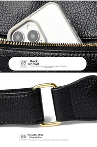 Detailed view of black litchi pattern leather with gold hardware and zipper pocket