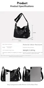 Detailed internal compartments and dimensions of the black textured leather shoulder bag
