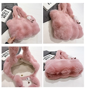 Detailed views of a pink faux fur bucket bag with a pom-pom charm and magnetic closure