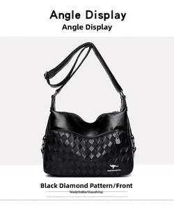 Front view of black synthetic leather tote bag with diamond pattern texture and strap