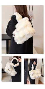 Detailed view of fluffy white faux fur bucket bag shown in shoulder and hand-carry modes