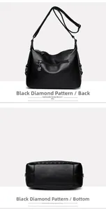 Detailed back and bottom view of black faux leather shoulder bag with quilted details