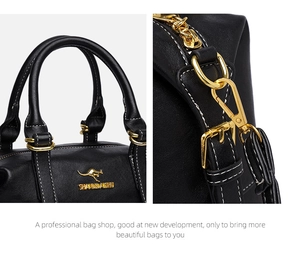 Detailed macro view of gold-tone hardware and white contrast stitching on black leather bag