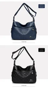 Detail of soft leather shoulder bags in stone pattern blue and checkerboard black textures